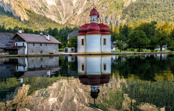 Картинка озеро, отражение, Германия, Бавария, Germany, Bavaria, Церковь Святого Варфоломея, St Bartholomae