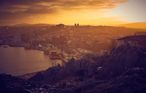 Canada, twilight, sunset, dusk, cityscape, Newfoundland and Labrador, St. John's, harbos
