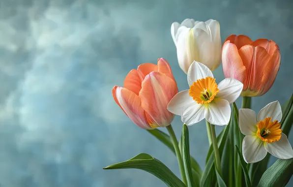 Цветы, праздник, букет, весна, тюльпаны, белые, оранжевые, бутоны