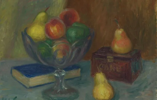 Картина, книга, ваза, фрукты, Уильям Глакенс, William James Glackens, Натюрморт с Японской Шкатулкой