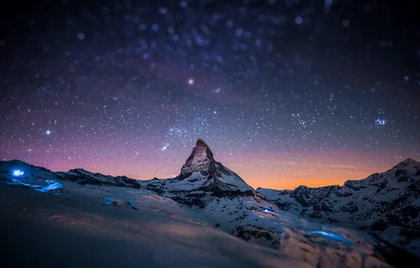 Картинка звезды, снег, горы, ночь, скала, блики, скалы, гора