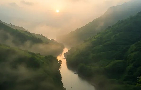 Лес, солнце, облака, горы, туман, река, рассвет, холмы