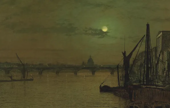 Река, картина, городской пейзаж, Джон Эткинсон Гримшоу, John Atkinson Grimshaw, Мост Ватерлоо. Лондон. Взгляд с …