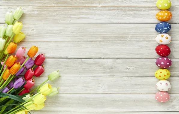 Картинка цветы, яйца, весна, colorful, Пасха, тюльпаны, wood, flowers