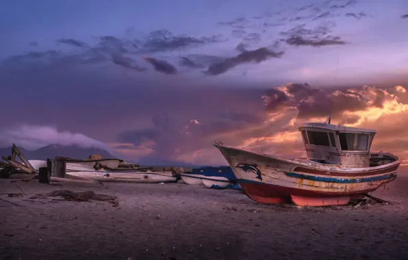 Закат, берег, лодки, Andalusia, Almería, El Cabo de Gata