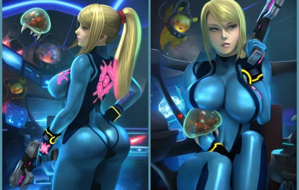 Эротика, попа, грудь, пистолет, блондинка, задница, Samus Aran, Metroid