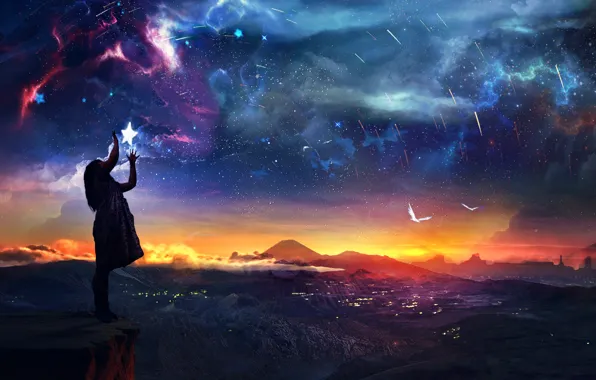 Картинка небо, звезды, пейзаж, закат, скала, обрыв, девочка