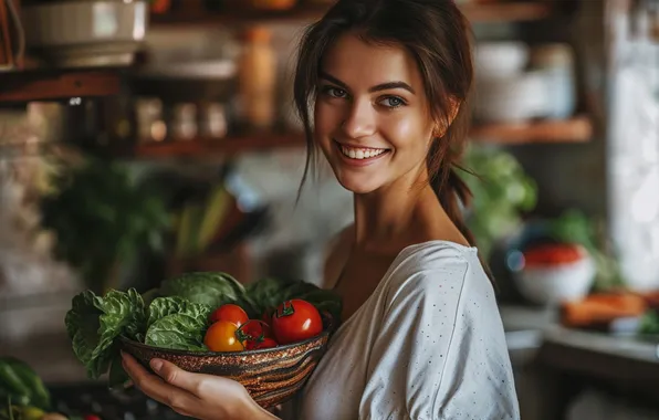 Зелень, девушка, улыбка, дом, кухня, шатенка, миска, овощи