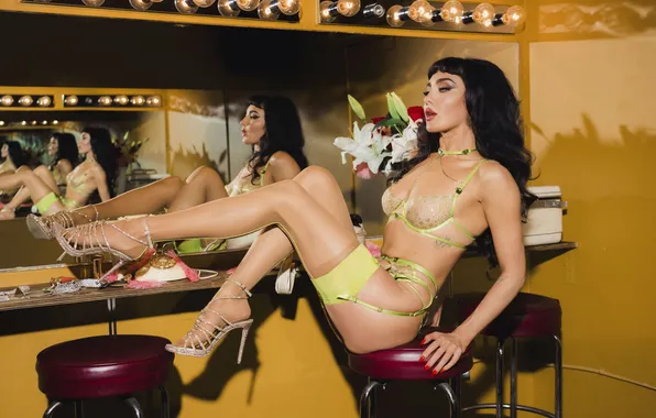Модель, белье, стулья, гламур, чулки, playboy, зеркало, брюнетка