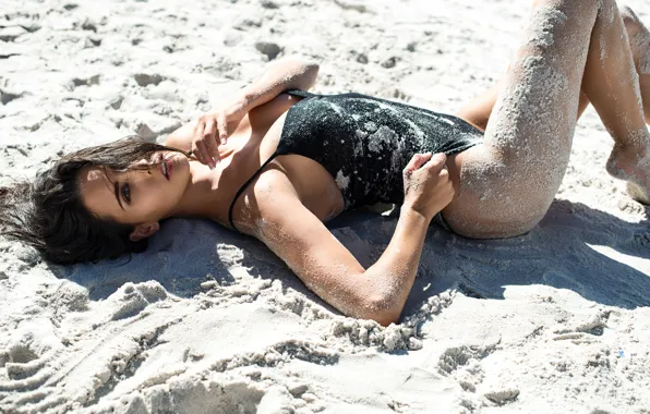 Sexy, lingerie, ass, legs, model, sand, brunette, Sand