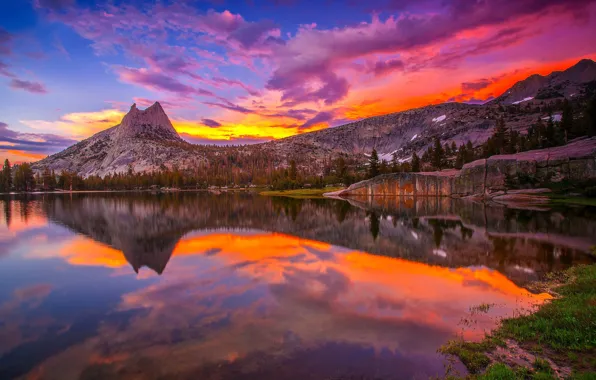 Закат, горы, озеро, отражение, США, Йосемити, национальный парк, штат Калифорния
