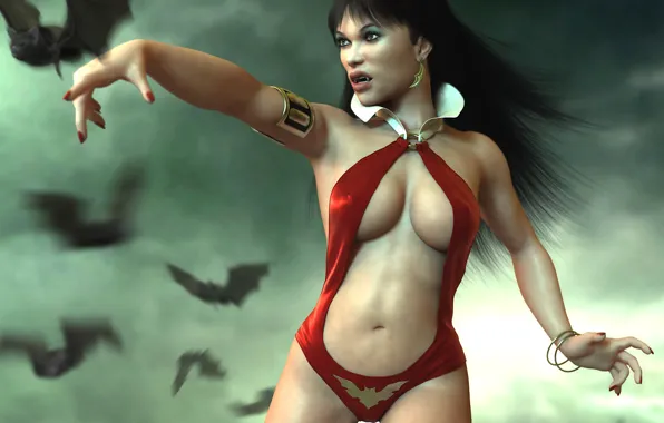 Девушка, туман, клыки, вампир, летучие мыши, Vampirella