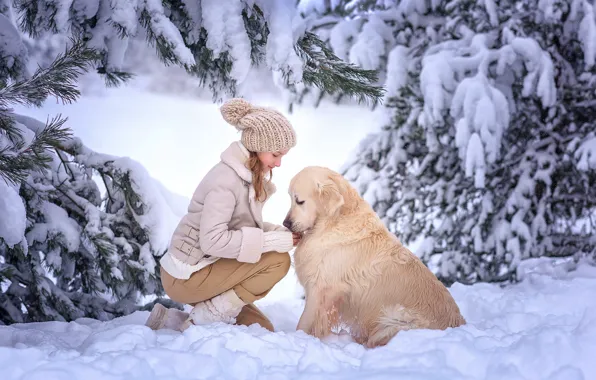 Картинка зима, снег, собака, девочка, друзья, Виктория Дубровская