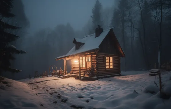 Зима, лес, свет, снег, деревья, ночь, природа, уют