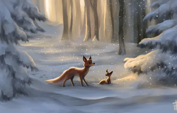 Картинка снег, арт, ёлки, лисица, лисёнок, нарисованный пейзаж