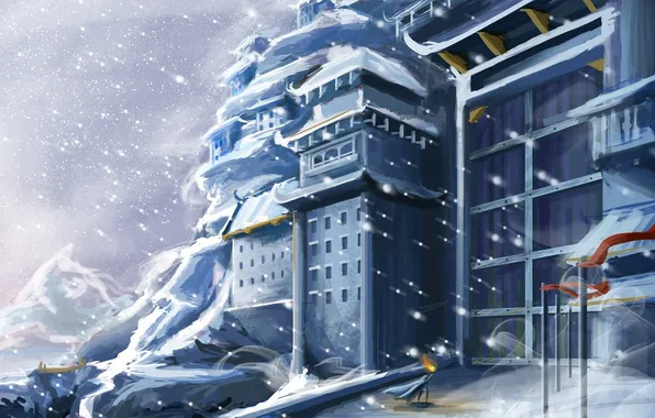 Картинка зима, снег, горы, замок, здание, ворота, арт, факел