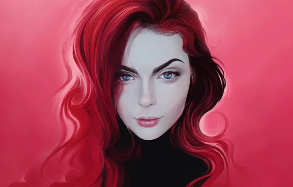 Девушка, Взгляд, Губы, Лицо, Волосы, Розовый, Глаза, Арт