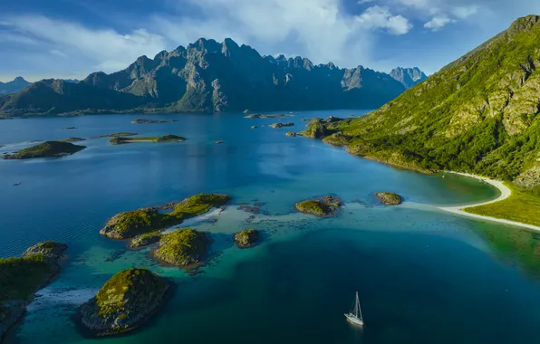 Небо, солнце, горы, скалы, яхта, залив, Norway, Lofoten