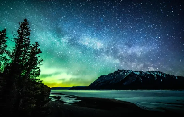 Nature, Aurora, Milky Way, Ocean, Lake, Moutain