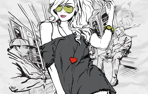 Картинка девушка, стиль, люди, метро, сердце, вектор, очки, кофта