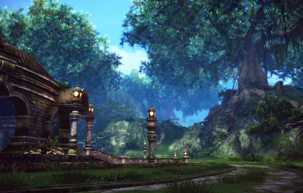 Картинка лес, деревья, пейзаж, сооружение, Тера, TERA online