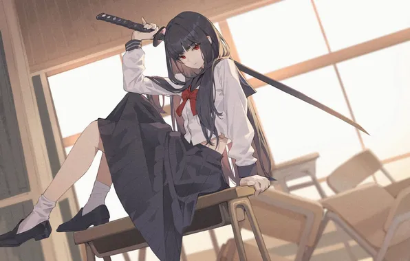 Оружие, катана, девочка, girl, Аниме, школьница, Anime, school uniform