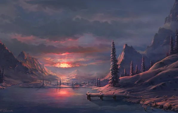 Зима, горы, озеро, рассвет, арт, Fel-X