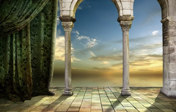 Небо, арка, колонны, шторы