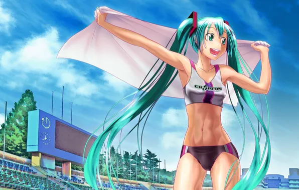 Девушка, радость, vocaloid, hatsune miku, стадион