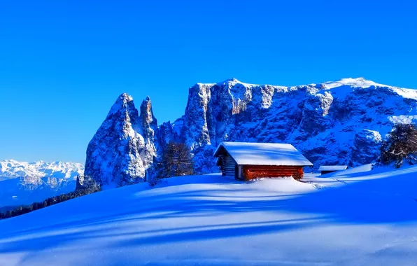 Картинка зима, небо, снег, деревья, горы, дом, домик