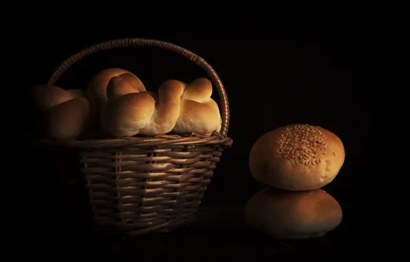 Корзина, еда, хлеб, булочки