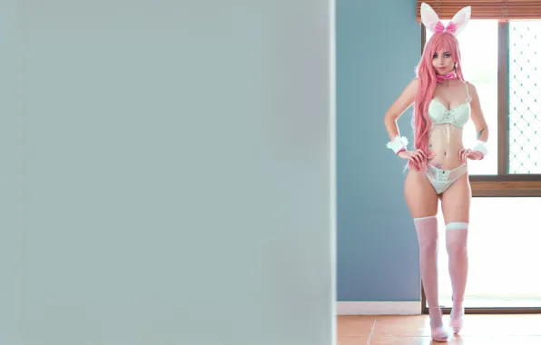 Girl, sexy, lingerie, bra, cleavage, panties, thighhighs, pink hair
