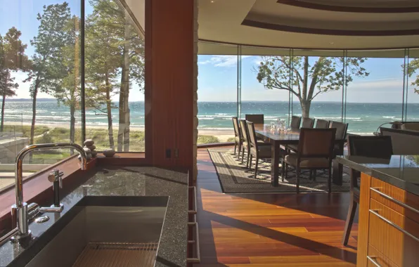 Дизайн, стиль, интерьер, кухня, столовая, by DesRosiers Architect, Lake Michigan House, overlooking Good Harbor Bay