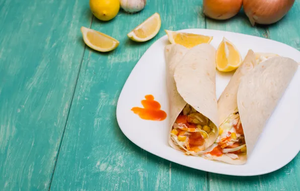 Лук, мясо, овощи, лимоны, лепешка, mexican, tortillla