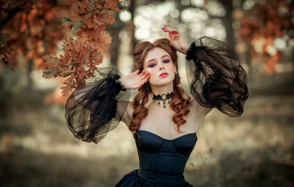 Осень, листья, макияж, платье, декольте, Olga Boyko