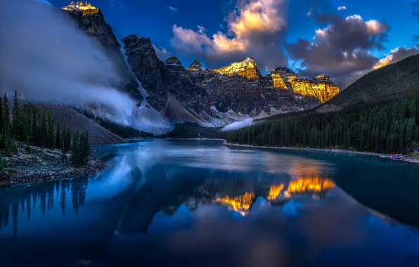 Облака, горы, озеро, отражение, Канада, Альберта, Banff National Park, Alberta