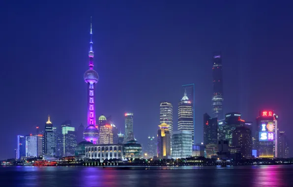 Ночь, огни, башня, дома, Китай, Шанхай