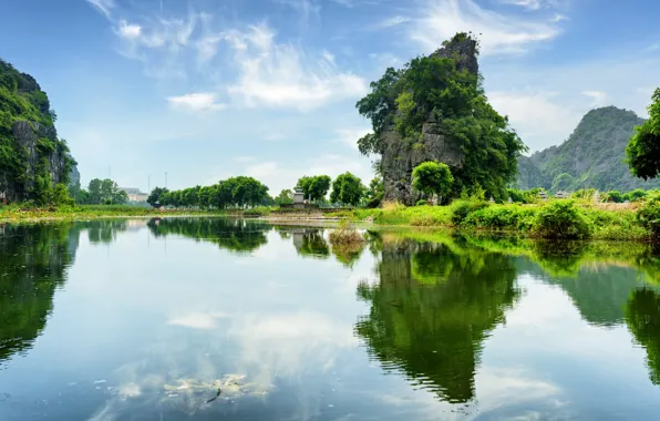 Картинка зелень, небо, вода, облака, деревья, горы, отражение, река
