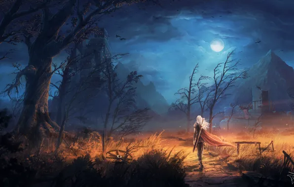 Картинка moon, sword, fantasy, sky, trees, field, weapon, Warrior