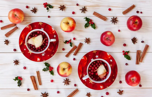 Ягоды, яблоки, Рождество, фрукты, корица, Christmas, winter, cup