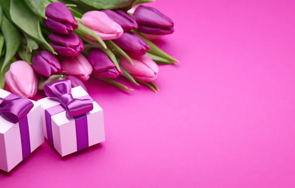 Картинка букет, подарки, тюльпаны, love, розовые, бант, fresh, pink