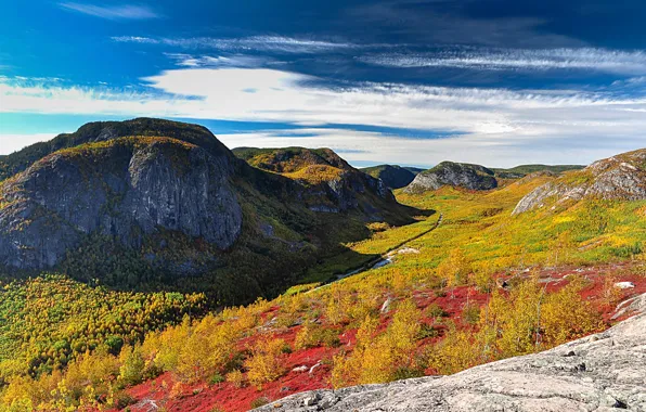 Осень, лес, небо, солнце, облака, деревья, горы, камни