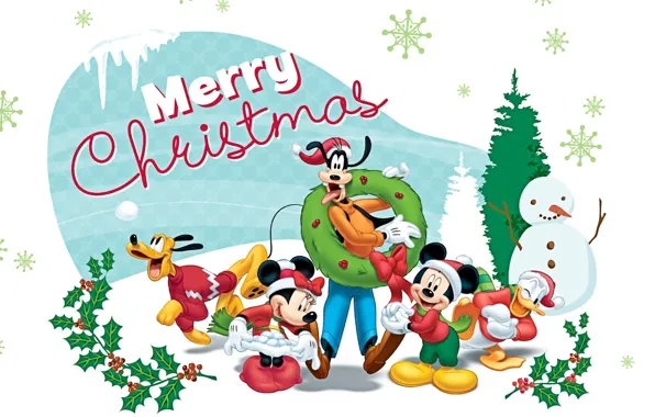Картинка елка, подарки, Микки Маус, Mickey Mouse, Mery Christmas, Плуто, Минни, Дональд