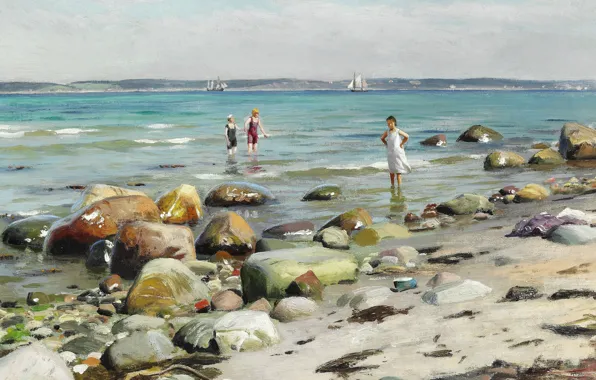 Картинка датский живописец, 1921, Петер Мёрк Мёнстед, Peder Mørk Mønsted, Danish realist painter, Young women bathing …