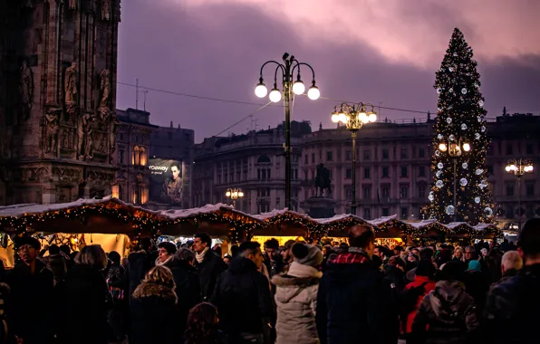 Картинка город, ёлка, Милан, Milano, The Christmas tree, Piazza Duomo