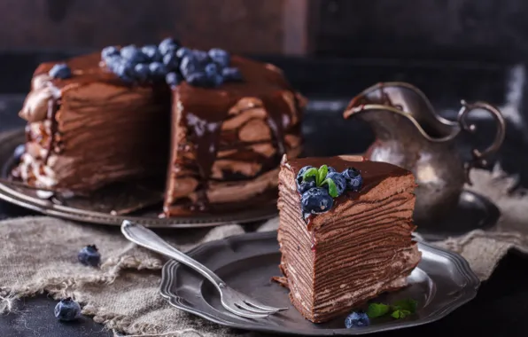 Ягоды, черника, торт, слои, крем, кусок, шоколадный, тортика