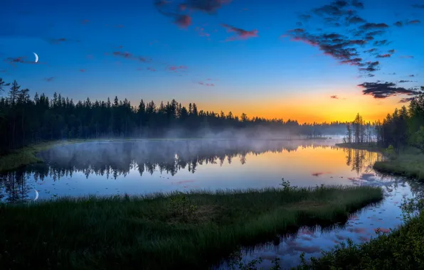 Закат, туман, озеро, луна