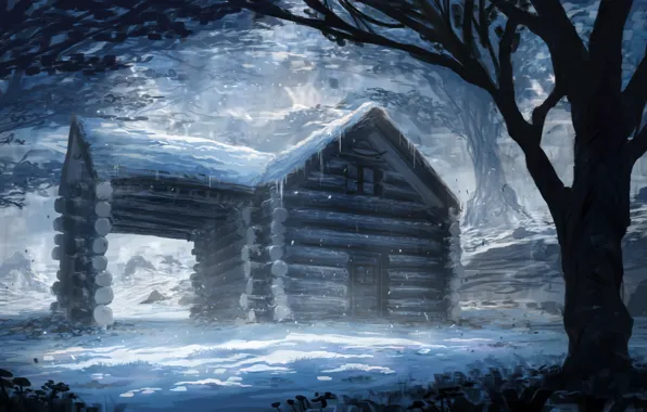 Зима, снег, деревья, арт, домик, живопись