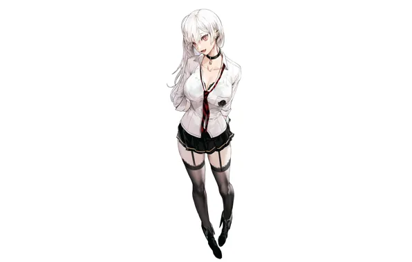 Girl, sexy, cleavage, blouse, school uniform, thighhighs, long hair, boobs