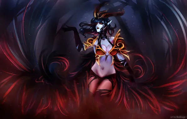 Девушка, крылья, демон, арт, рога, Dota 2, Akasha, Queen of Pain